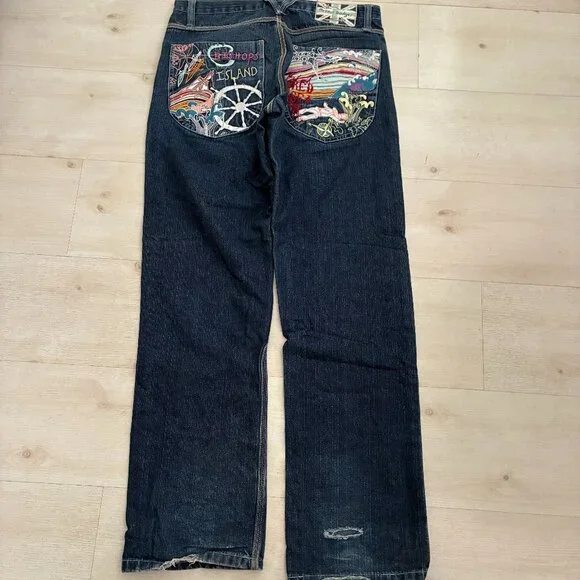 Vtg Artful Dodger Bishops Island Jeans Embroidered Baggy Y2K Streetwear 34W/34L